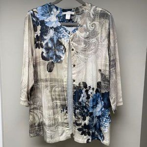 CJ Banks 1X, 3/4 sleeved cardigan, cream/tan w blue flowers & a bit of bling!